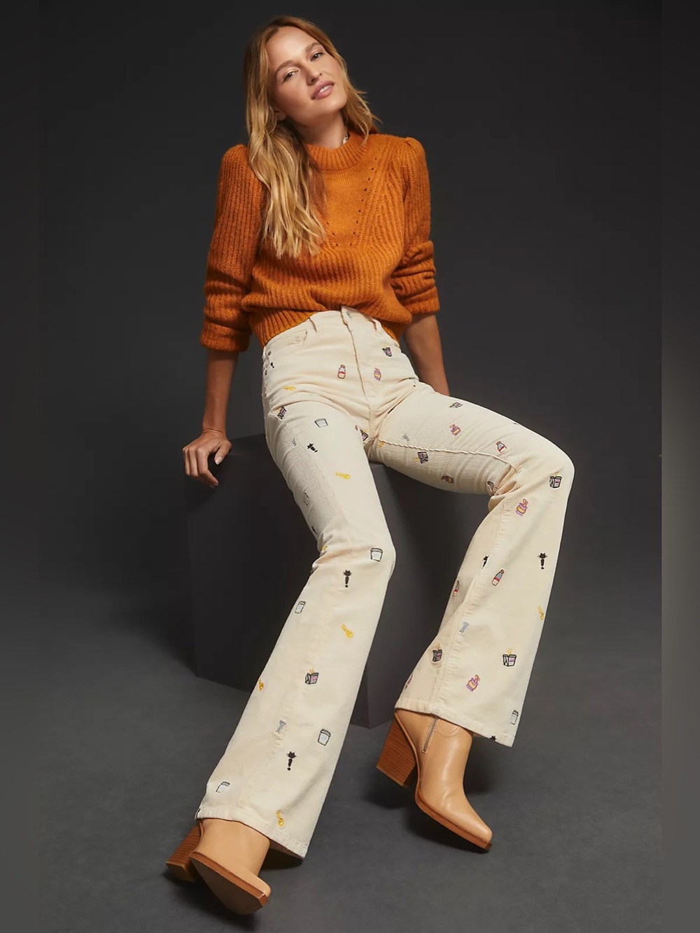 Anthropologie Pilcro The Icon Flare Corduroy Pants Size 28 Embroidered Mid Rise